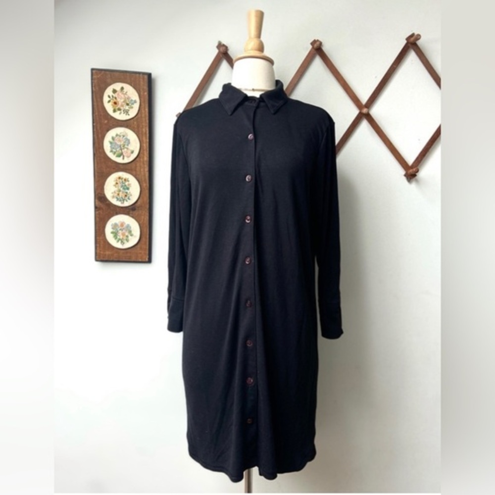 Natori Black Button Down Casual Long Sleeve Dress Medium